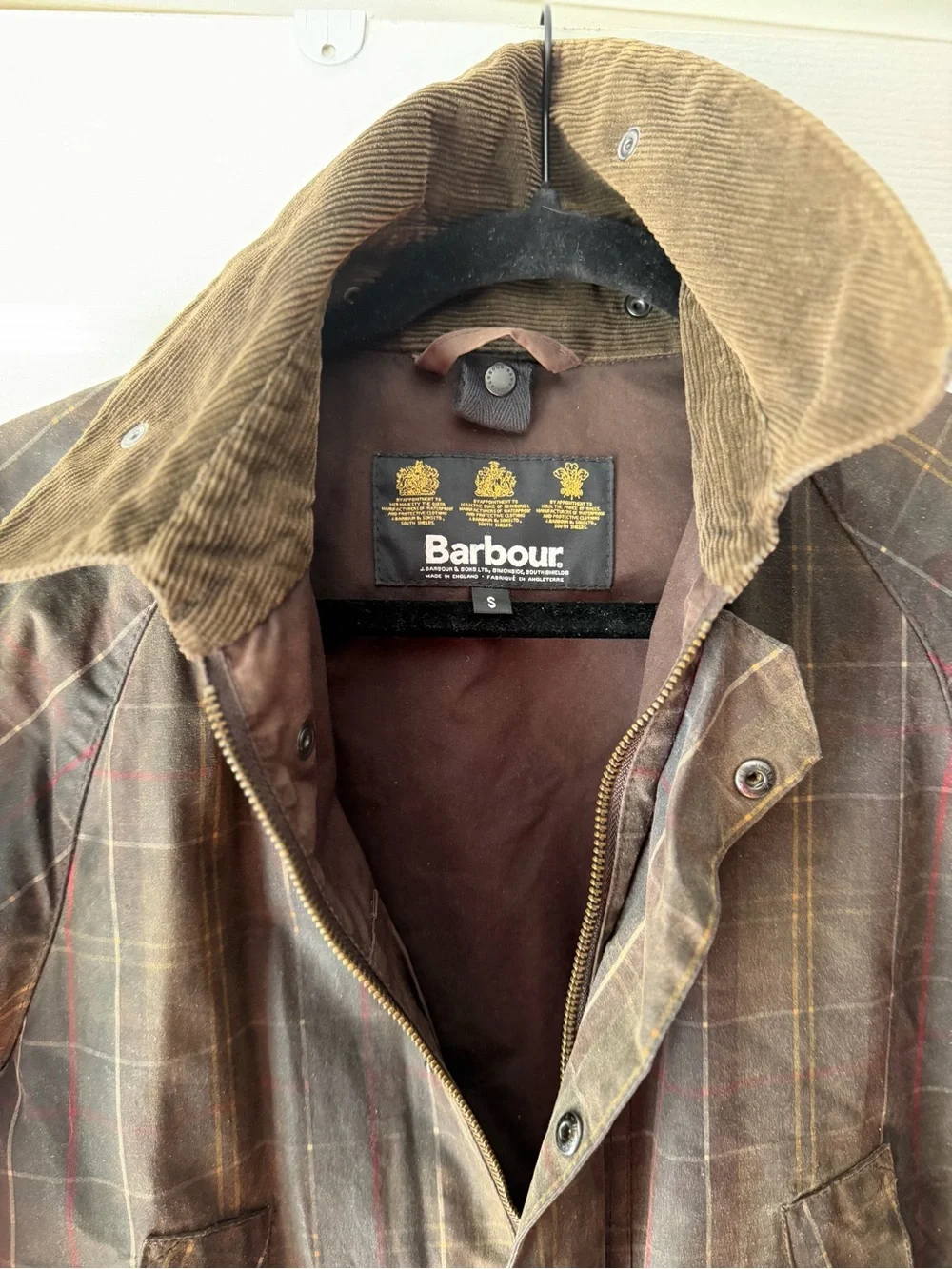 Barbour Slim Line SL Bedale Waxed Tartan Print Brown Corduroy Collar Small Rare